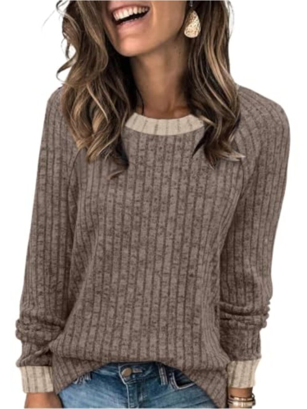 Lightweight Color Block Long Sleeve Crew Neck Sweatshirt for Women
